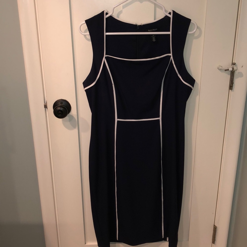 White House Black Market Navy Sheath Dress with White Piping